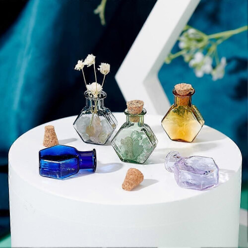 8pcs Mini Colored Glass Bottles Tiny Spell Jars Hexagon Potion Bottles Wishing Bottle Vials with Corks 1