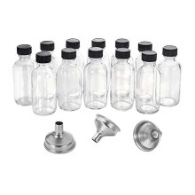 12Pc 2 Oz Small Clear Glass Bottles with Lids & 3 Funnels - 60Ml Bottles suitable for Juice Ginger ,
