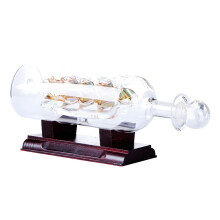 (Gold)Sailboat Drifting Bottle with Wooden Base 3D Decorative Glass Ornament Ship in Wine Bottle 24*10.2cm