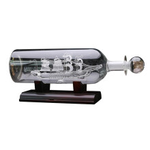 (White)Sailboat Drifting Bottle with Wooden Base 3D Decorative Glass Ornament Ship in Wine Bottle 24*10.2cm