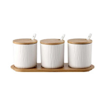 Set di 3 barattoli per spezie in ceramica con cucchiaio e coperchio in bambù per sale da tè