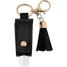 (black)Portable Plastic Travel Bottle With Leather Hand Sanitizer Keychain Holder With Tassel Holster