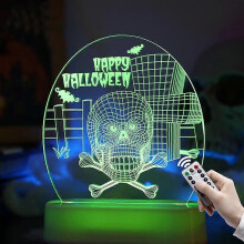 (Remote control color-ghost head)Halloween 3D Illusion Night Lights Desk Lamp,for Halloween Party Gifts