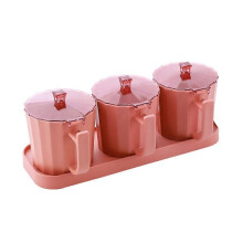 (Diamond three grid-Pink)Salt and Pepper Spice Jar with Lid and Spoon Transparent with Cover and Spoon