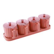 (Diamond four grid-Pink)Salt and Pepper Spice Jar with Lid and Spoon Transparent with Cover and Spoon