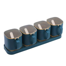 (Square four grid-Navy blue)Salt and Pepper Spice Jar with Lid and Spoon Transparent with Cover and