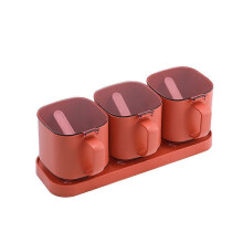 (Square three grid-Pink)Salt and Pepper Spice Jar with Lid and Spoon Transparent with Cover and Spoon