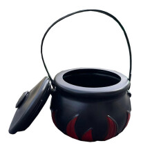 (A)Halloween Candy Bucket Decoration Handheld Witch Cauldron Black Plastic Pot Flame Barrel with Handle
