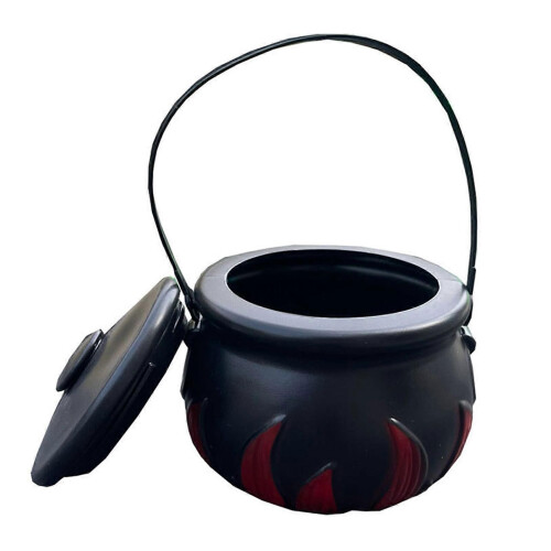 (A)Halloween Candy Bucket Decoration Handheld Witch Cauldron Black Plastic Pot Flame Barrel with Handle