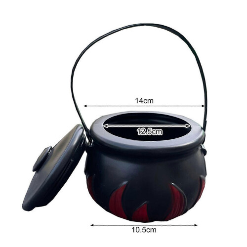 (B)Halloween Candy Bucket Decoration Handheld Witch Cauldron Black Plastic Pot Flame Barrel with Handle 2