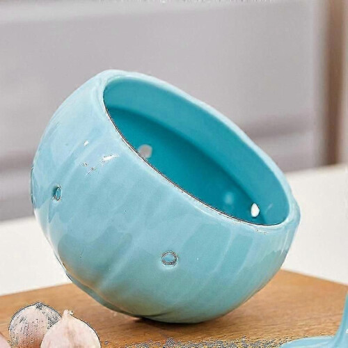 (Blue)Ceramic Garlic and Ginger Storage Jar with Lid 2