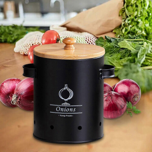 (Black Medium)Tin Potato Onion Garlic Storage Container - Kitchen Pantry Organizer Canister with Lid 2
