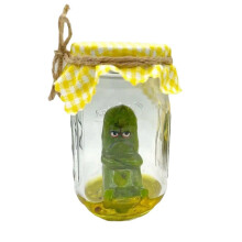 (A)Grumpy Pickle Sculpture in Clear Jar Sad Anxious Pickled Cucumber Figurine Statue Home Office Desktop