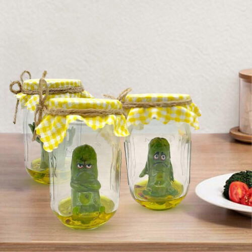 (B)Grumpy Pickle Sculpture in Clear Jar Sad Anxious Pickled Cucumber Figurine Statue Home Office Desktop 1