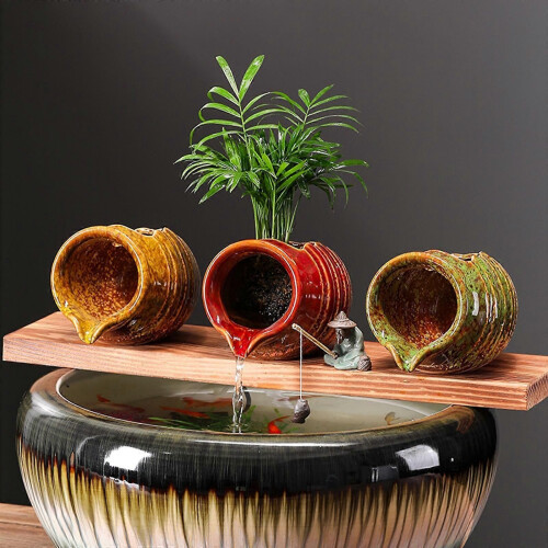 (Red)Decorative Ceramic Jar Waterfall Desktop Water Fountain Jar Circulating Water 2