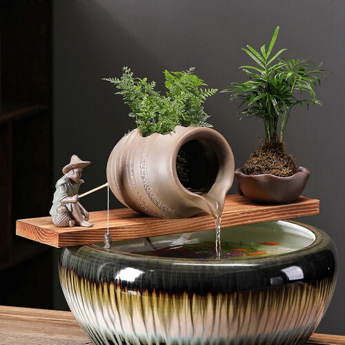 (White)Decorative Ceramic Jar Waterfall Desktop Water Fountain Jar Circulating Water 1