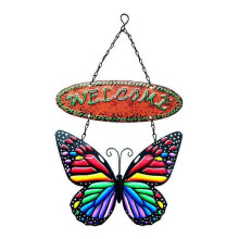 (Red)Wrought Iron Butterfly Welcome Sign Wall Art Decor Hanging Plaque Ornament for Farmhouse Garden
