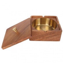 Walnut Wood Cigar Ashtray with Lid - Windproof Gold Desktop Cigarette Tray