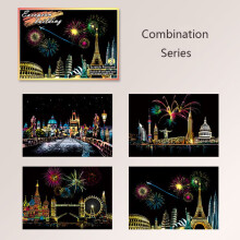 (Combination Series) Night Magic View Scratch Art Painting Paper Kit W Bamboo Drawing Stick Kid Toy