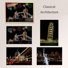 (Classical Architecture) Night Magic View Scratch Art Painting Paper Kit W Bamboo Drawing Stick Kid Toy