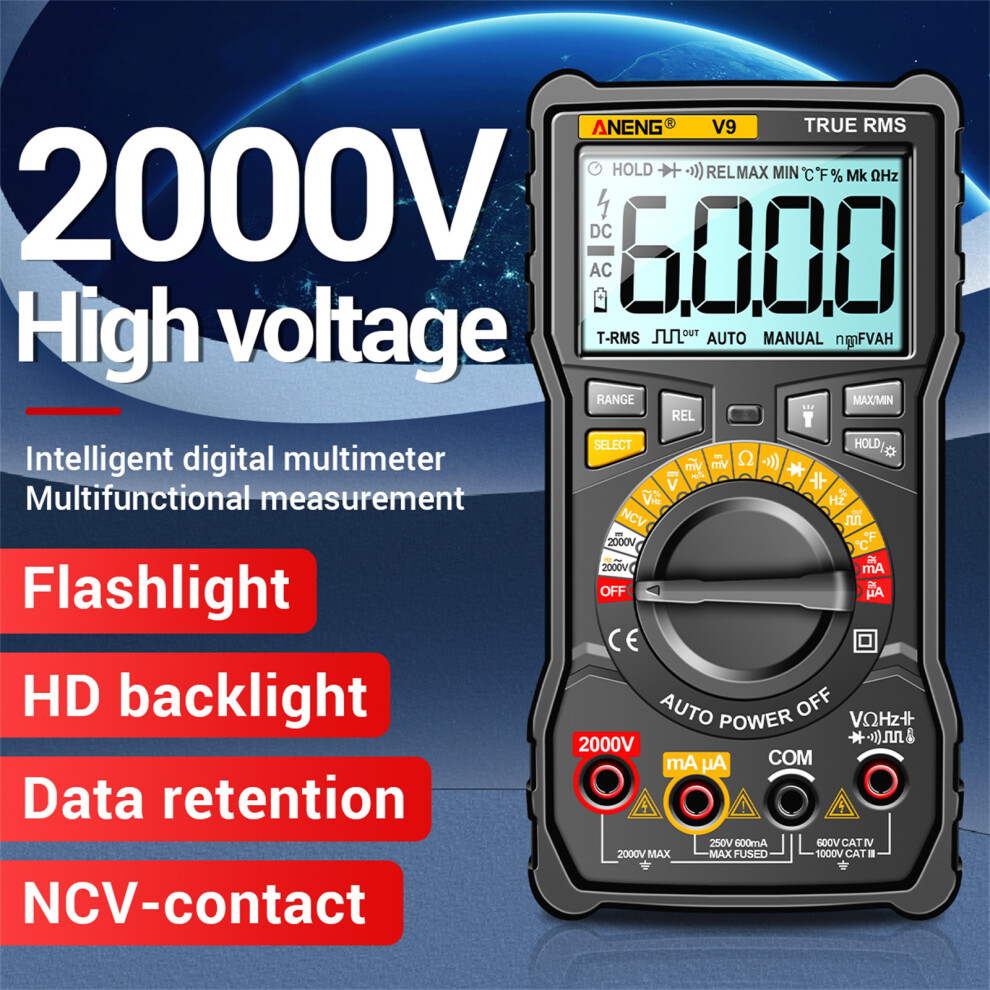 V9 Digital Multimeter 6000 Counts 2000V Ac/Dc Voltage Capacitance Tester 9301337777308