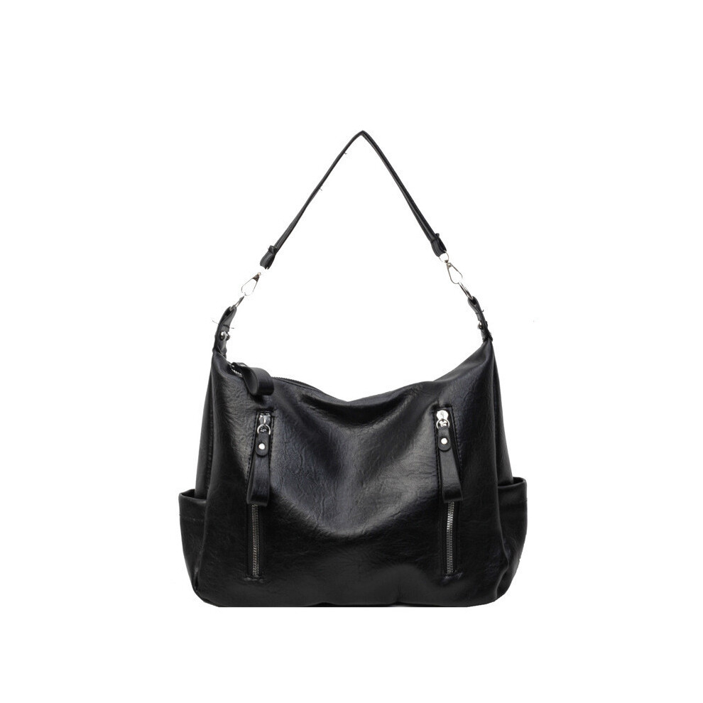 (Black) Large Capacity Retro Tote Crossbody Bag With Zipper Closure Office Daily For