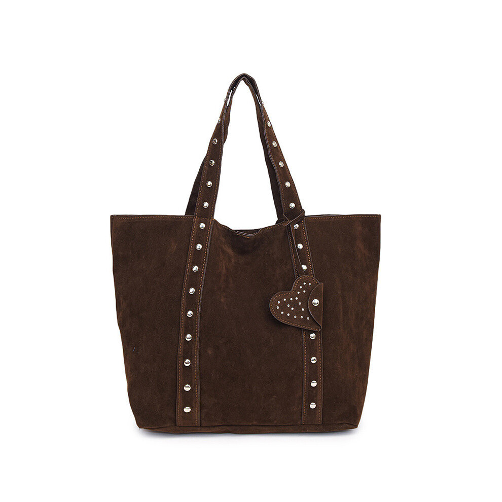 (Coffee) Fashionable And Heart Rivet Decor Suede Women Large Capacity Bag Tote Casual
