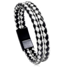 (Black and white stripes)Men's Trend Vintage Braided Double Circle Bracelet Simple Fashion Imitation Leather Bracelet Bracelet_m24