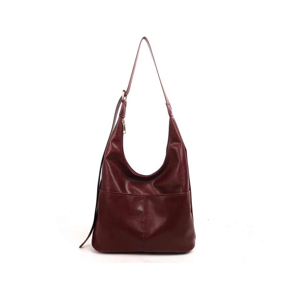 (Burgundy) Color Solid Simple Large Capacity Pu Leather Women Shoulder For Autumn Bag