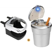 Car Ashtray with LED Light & Secure Lid - Detachable Cup Holder for Phones/Drinks (Silver Automotive Accessory)