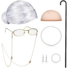 2025 newOld Lady Cosplay Set - Granny Wig + Inflatable Cane + Glasses Chain (Halloween Costume)
