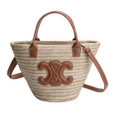 (Brown)Sac fourre-tout en paille pour femmes sac de plage sac en rotin sac de plage surdimensionné noir