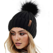 Women's Faux Fur Pom Pom Knit Beanie - Winter Warm Skull Cap with Foldable Brim for Outdoor Activities