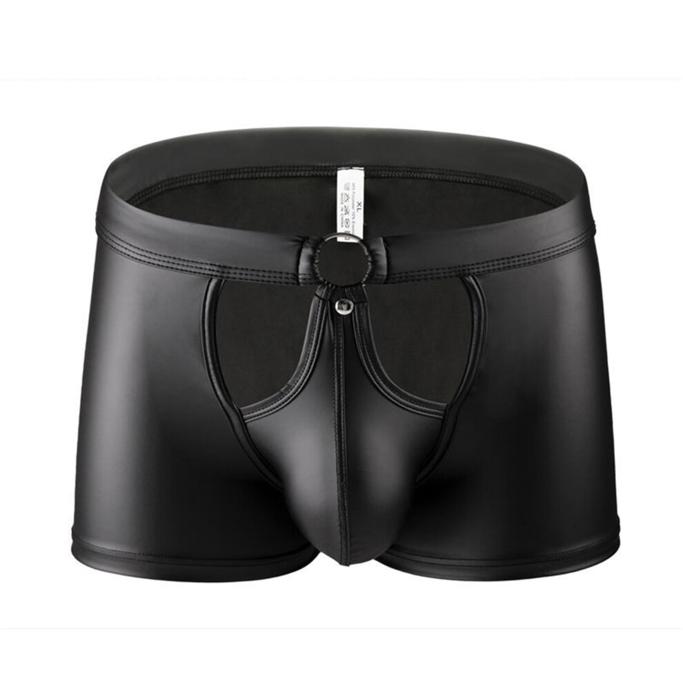 Black Sexy Boxer Shorts Men's Wetlook Open Retro Mesh Faux Leather Underpants Size M Sissy Lingerie Clubwear