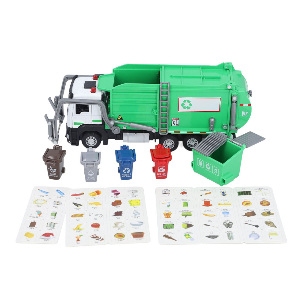 1:32 Garbage Truck Toy With Dumpster 4 Trash Bins Friction Powered Sounds Waste Material Vehicle Model Light