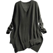 Women Casual Loose Sweater V Neck Knitted Pullover Tops with Asymmetrical Hem YP0