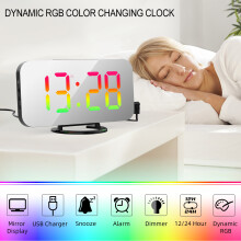 Digitaler Wecker mit dynamischem RGB-Licht, dimmbarem Helligkeit, verstellbarer Schlummerfunktion, USB-Ladeanschluss, Spiegelerlebnis, 12/2