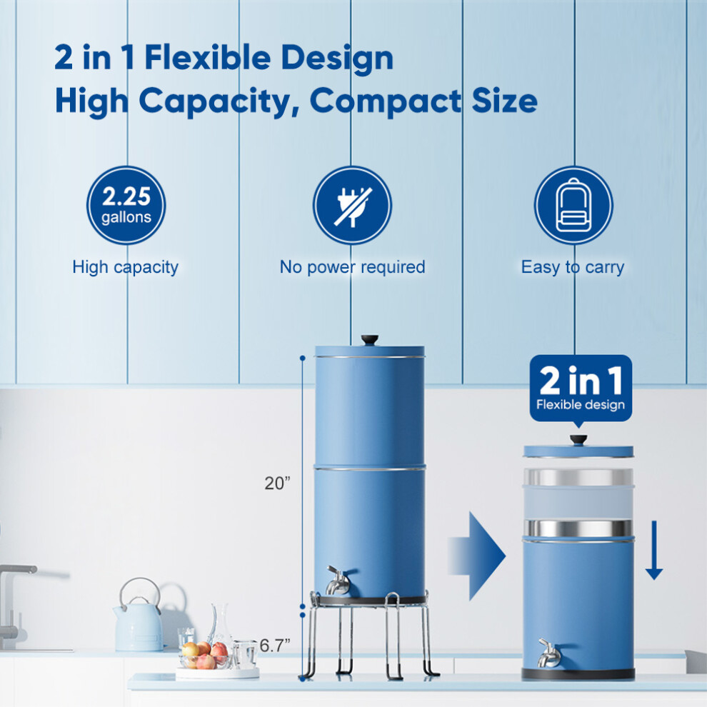 2.25 Gallon Stainless Steel Gravity Water Filter System, 6,000 Gal, Black/Blue-image-OPC-PJGMRDC-NEW