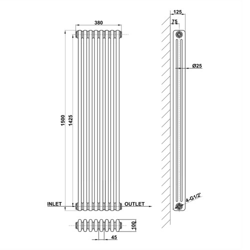 AICA (1500x380mm 3 Column) Traditional Cast Iron Radiator Anthracite 2