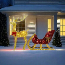 (Golden Deer Pull Cart) Christmas Glow-in-the-Dark Reindeer Sleigh, Outdoor Garden Lawn Decoration with Golden Lights, Suitable for Indoor and Outdoor Holiday Decorations