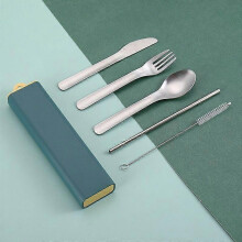 5pcs Portable Cutlery Set Travel Dinnerware Set Stainless Steel Knife Fork Spoon Drinking Straw Camping Cutlery with Brush Box HG