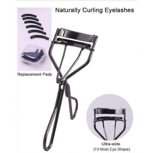 Metal Eyelash Curler with Eyelash Separating Comb Tool And 6 Replacement Refill Pads (Black) 1