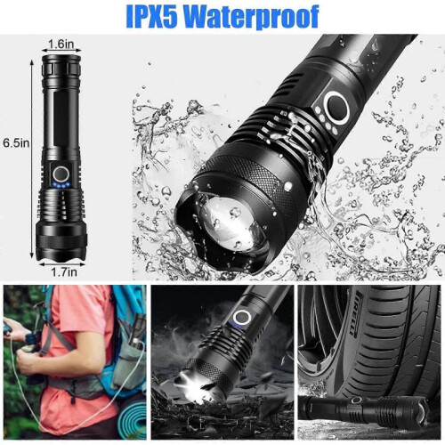 LED Flashlight, 90000 Lumens Super Bright Tactical Flashlight, Rechargeable Flashlight, 5 Modes Zoomable Flashlight for Emergency, Hiking 2