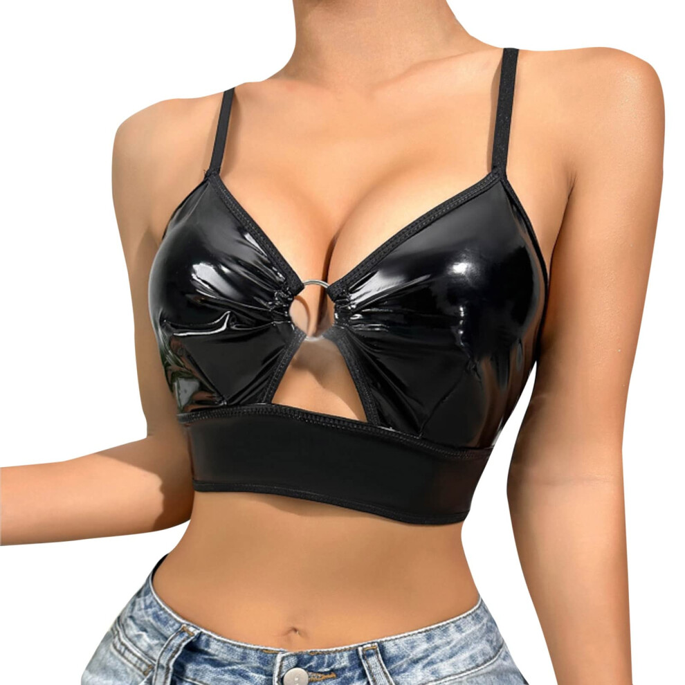 Damen Leder Latex Bh Top Harness Bra Bralette Black Wetlook XL No Underwire Choker Halsband Push-Up Bustier