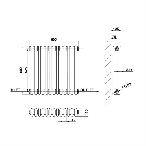 AICA (600x605mm 3 Column) Traditional Cast Iron Radiator White 2