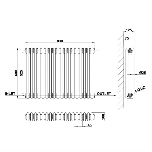 AICA (600x830mm 3 Column) Traditional Cast Iron Radiator White 2