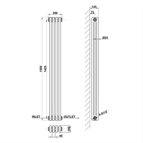 AICA (1500x200mm 3 Column) Traditional Cast Iron Radiator White 2