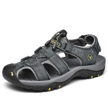 (40, Gray) Summer men's sandals with top layer of cowhide leather beach shoes men's outdoor non-slip soft-soled shoes