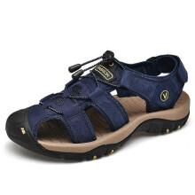 (47, blue) Summer men's sandals with top layer of cowhide leather beach shoes men's outdoor non-slip soft-soled shoes
