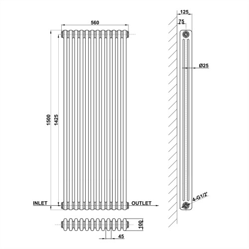 AICA (1500x560mm 3 Column) Traditional Cast Iron Radiator White 2